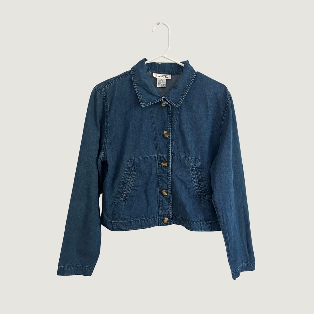 Talbots Women Denim Shirt Jacket Blue Cropped Button Front Cotton 10 Vtg